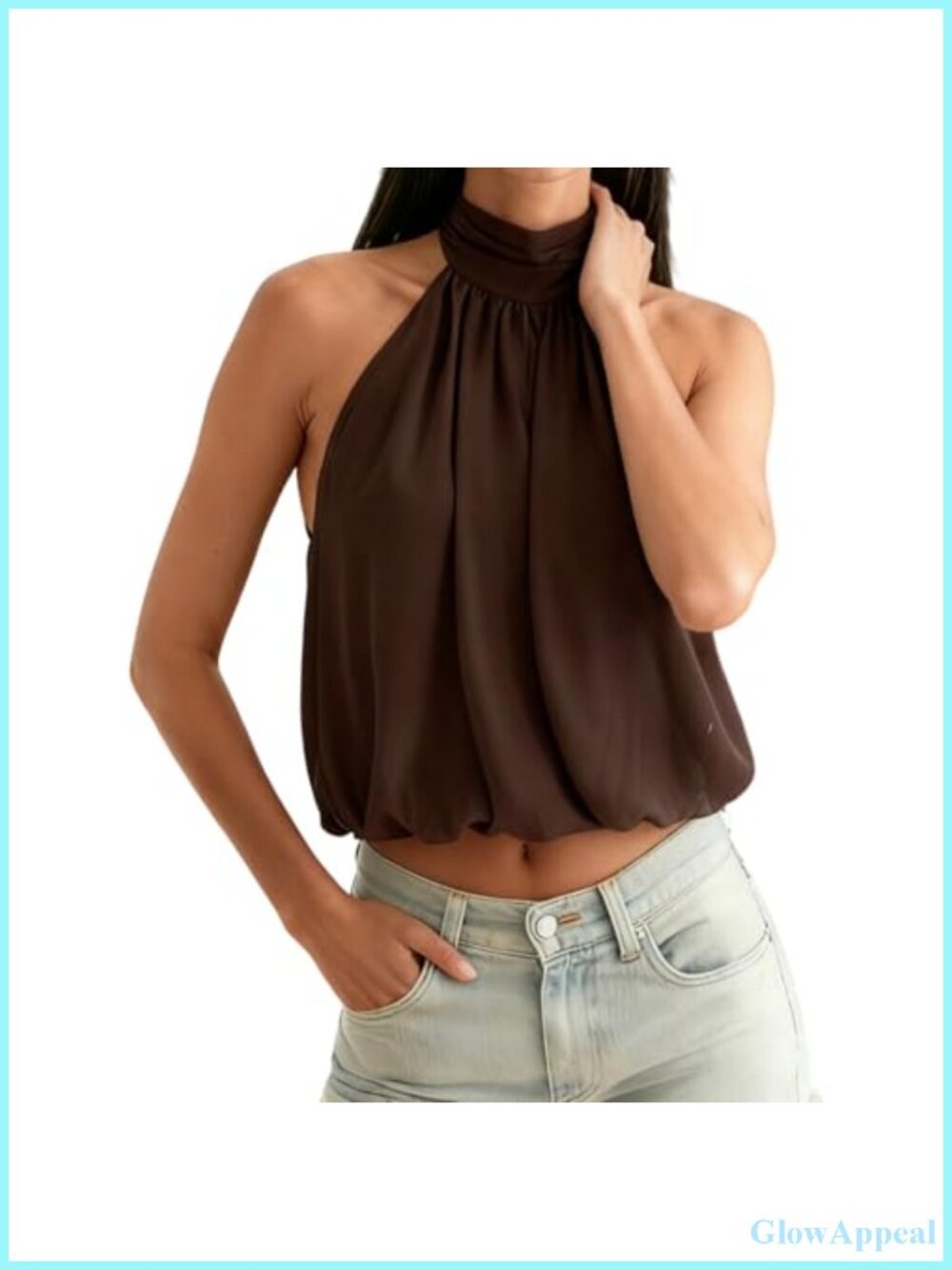 Chiffon Halter Crop Top Backless Mock Neck Bubble Hem Y2K Party Camisole